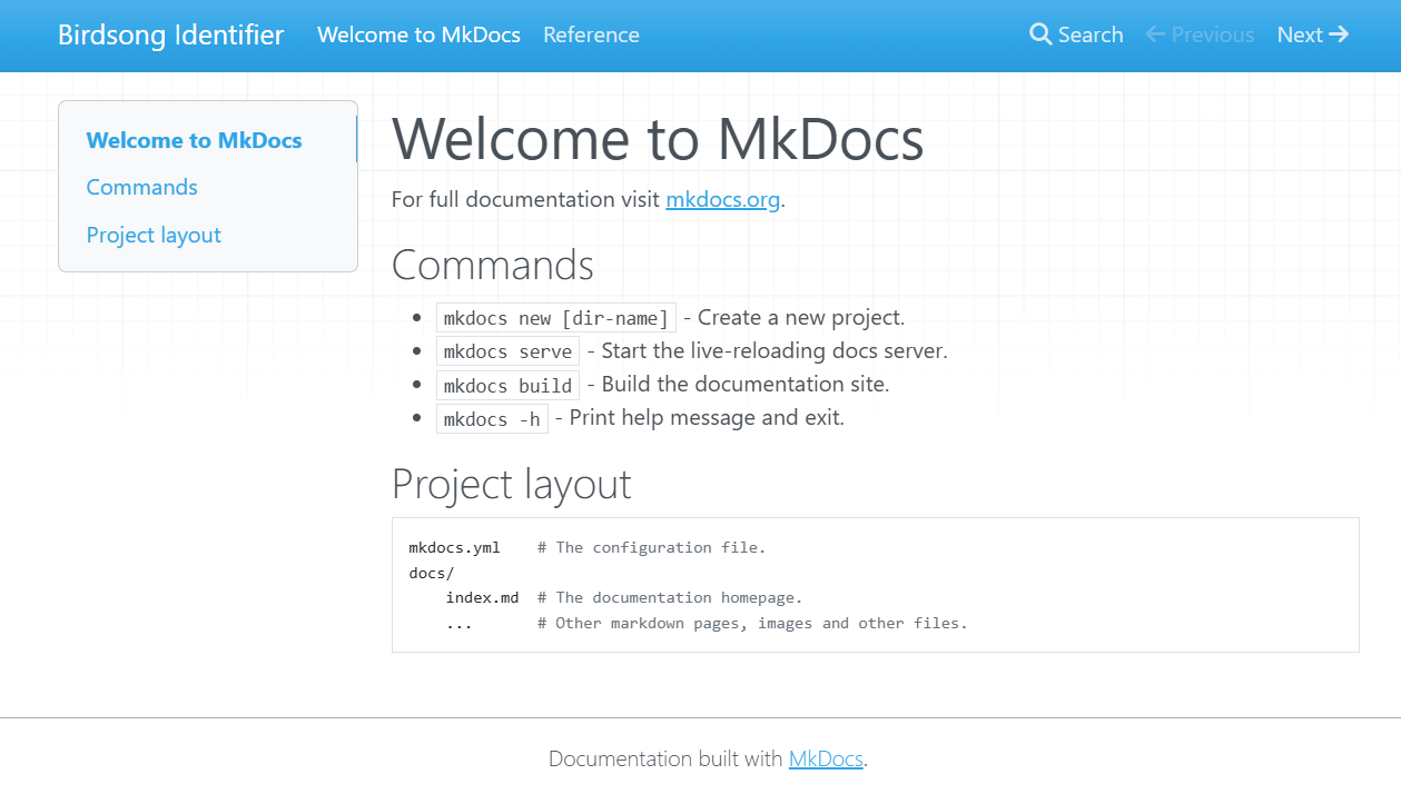 MkDocs home page with default theme.