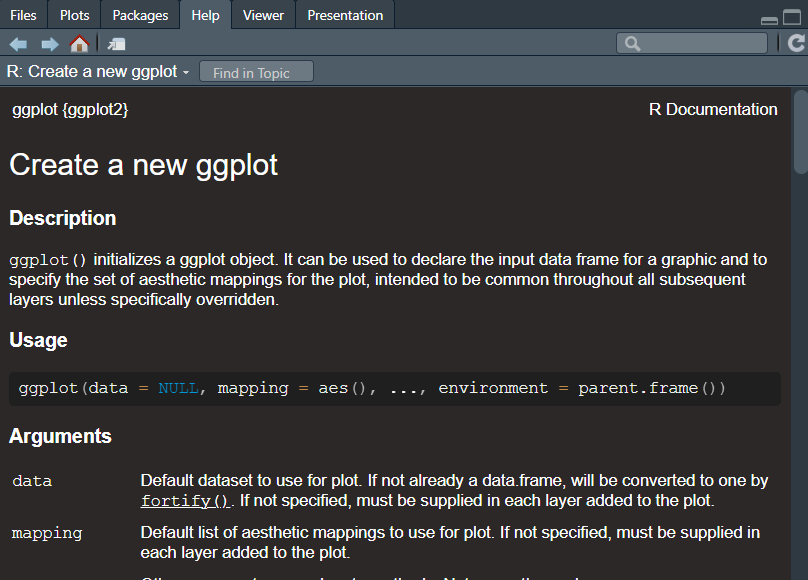 A screenshot of the user guide for the ggplot2 ggplot function in RStudio.